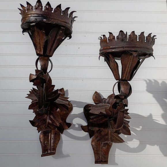 Large Metal Wall Sconces Candelabras Torch Candle Holder Mexican MCM Vtg 16 inch - Picture 4 of 16